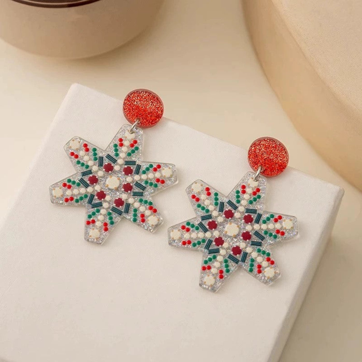 Just Lil Things Beaded Snowflake Earrings with Red Glitter Studs jlt13349