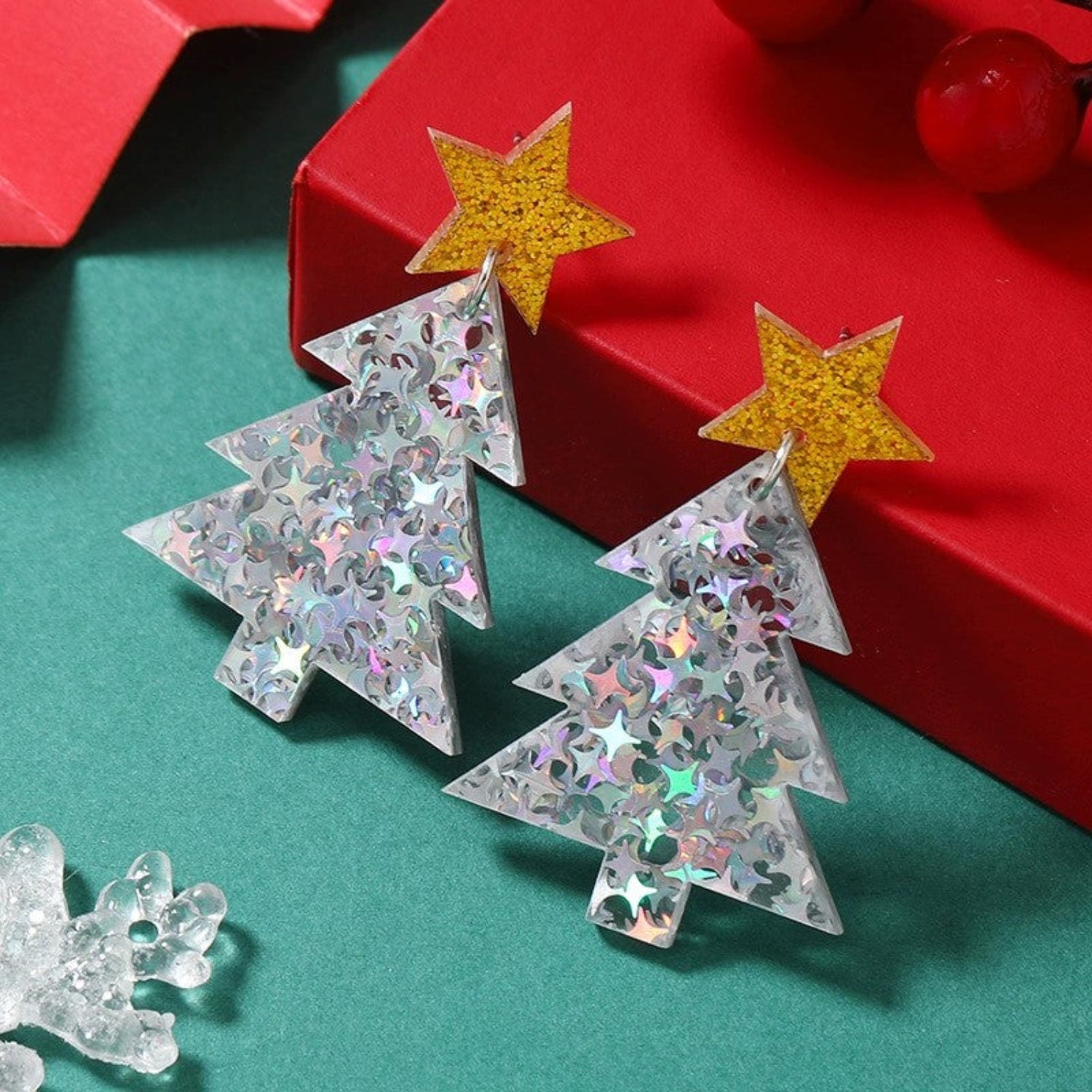 Just Lil ThingsSilver Christmas Tree Earrings with Golden Star Studs jlt13356