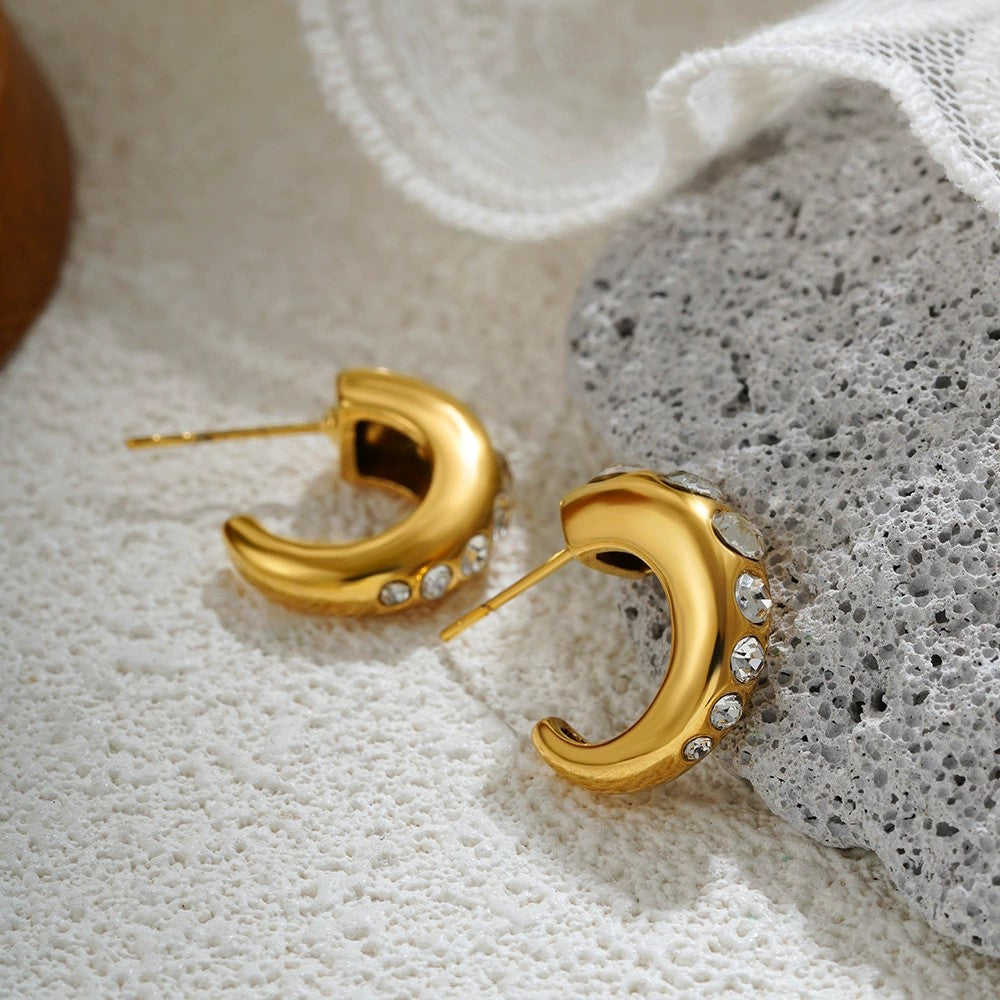 Golden Crescent Crystal Hoop Earrings JLT13397