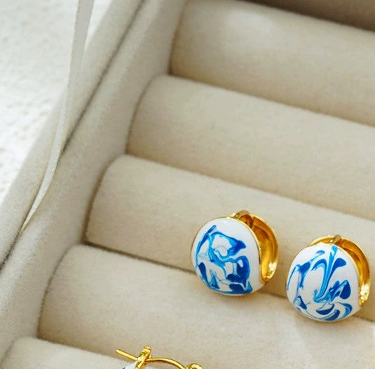 Blue Porcelain Dome Stud Earrings JLT13399