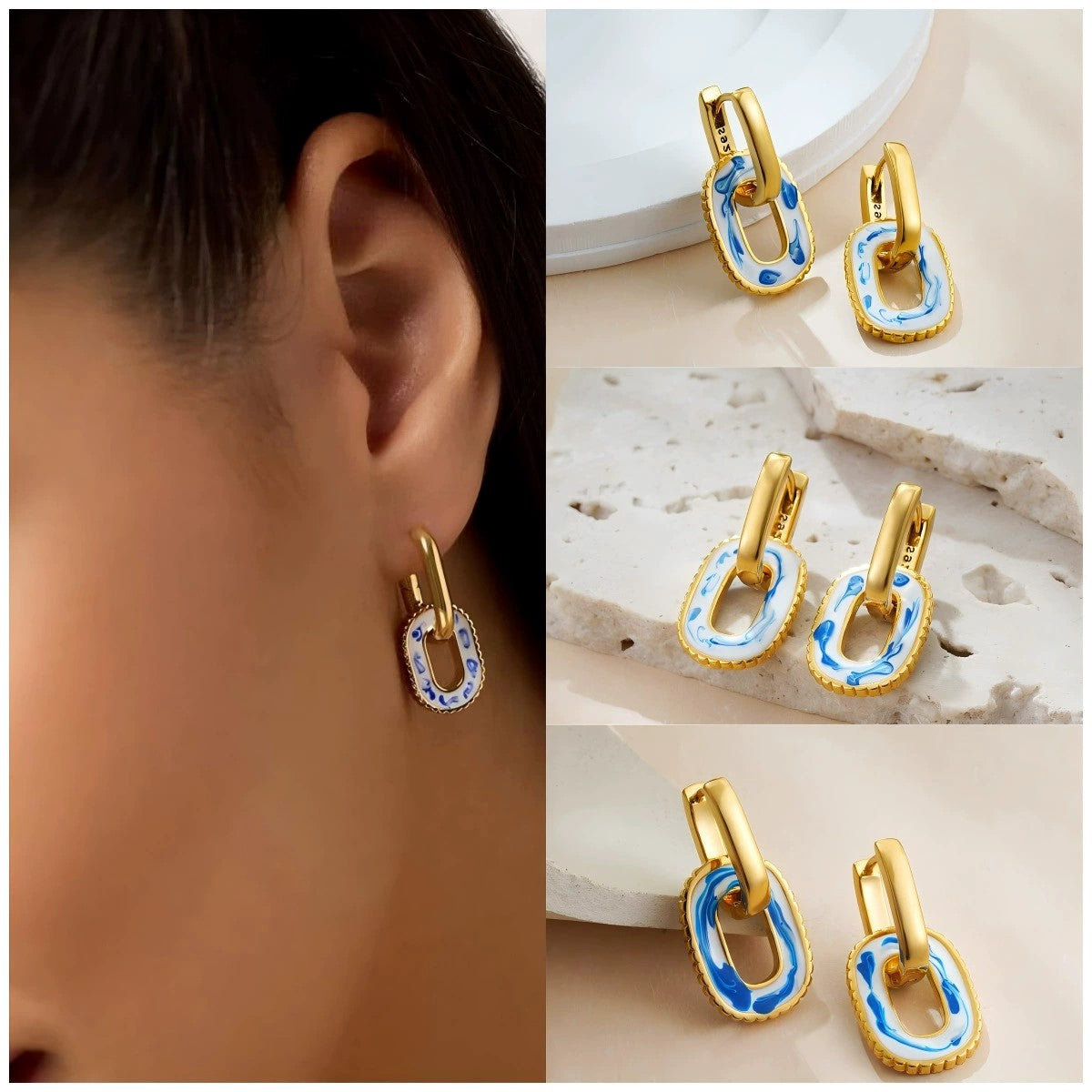 Blue Porcelain Link Hoop Earrings JLT13400