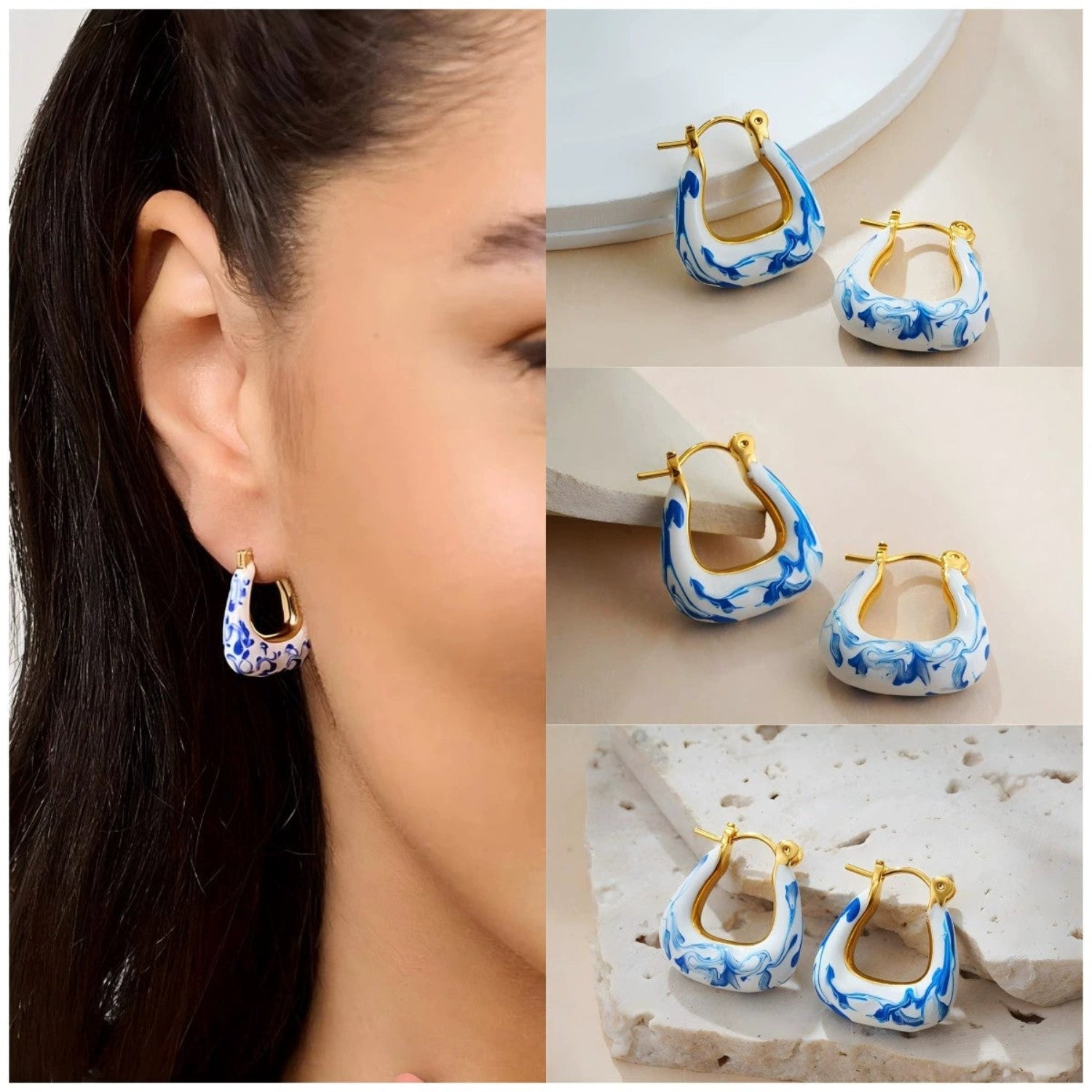 Just Lil Things Blue Marble Enamel Gold Hoop Earrings jlt13413