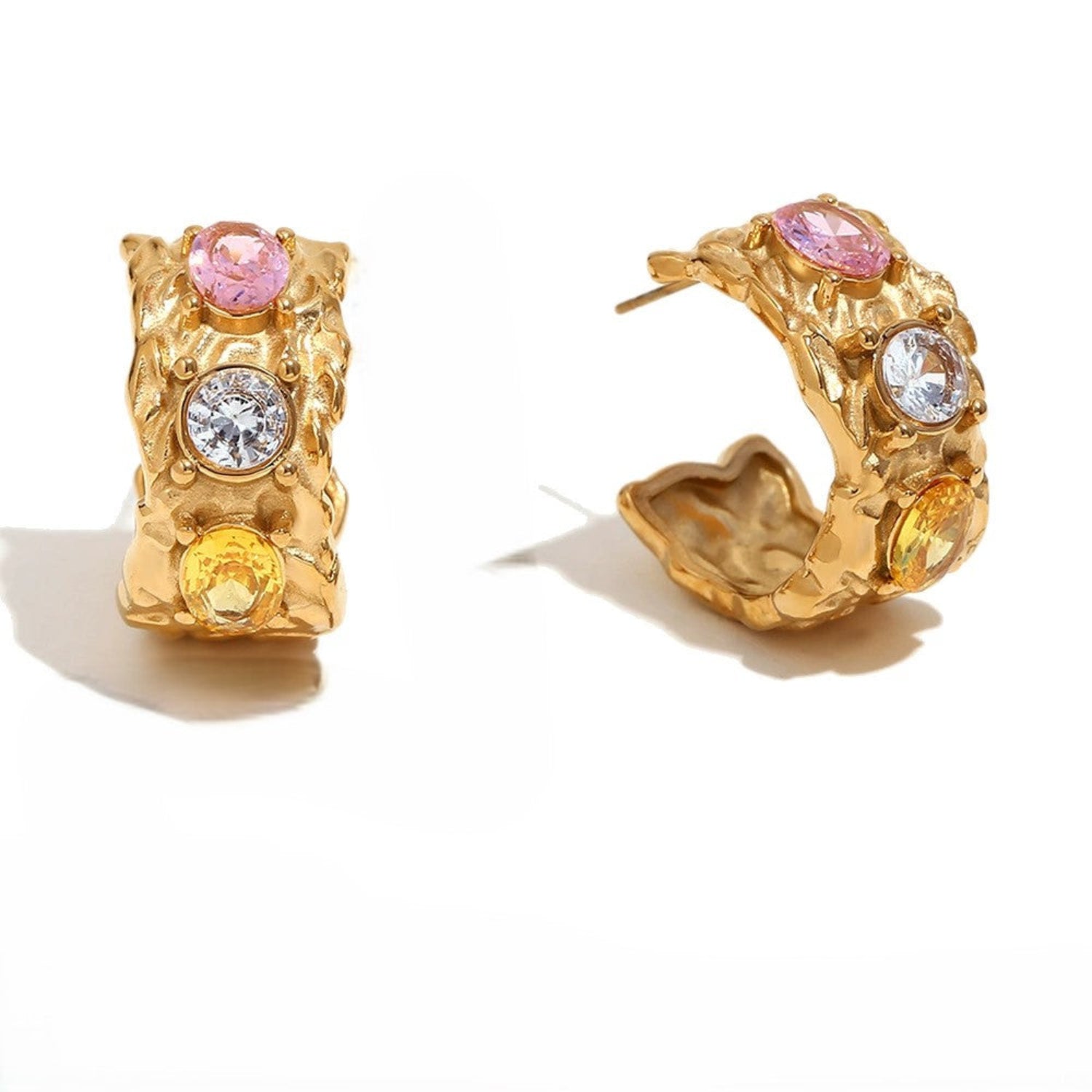 Just Lil Things Textured Gold Hoop Earrings with Multicolor Stones jlt13437