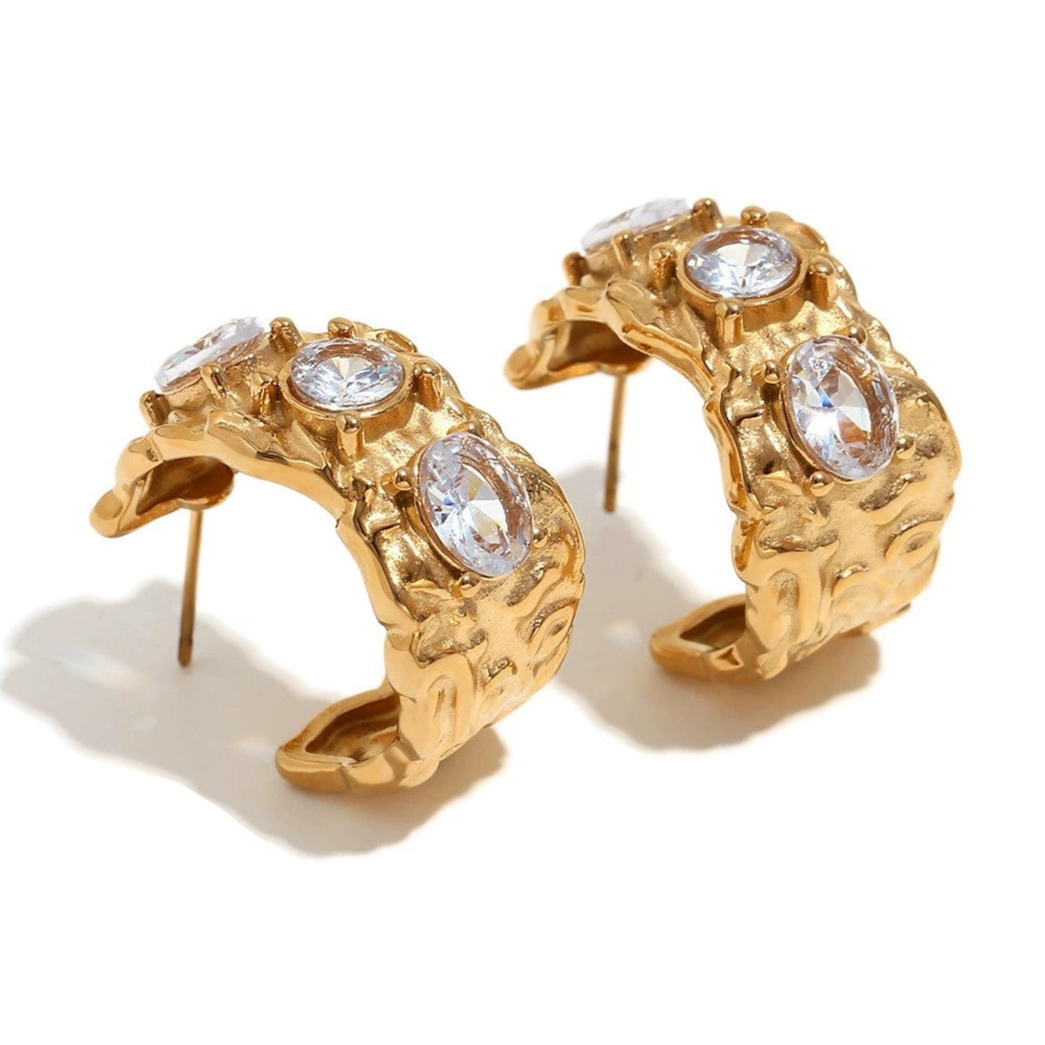 Just Lil Things Textured Gold Hoop Earrings with Clear Crystals jlt13438