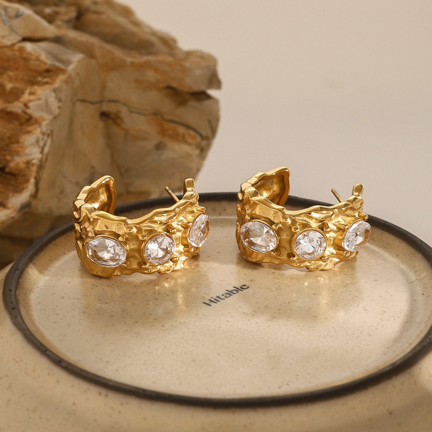 Just Lil Things Textured Gold Hoop Earrings with Clear Crystals jlt13438