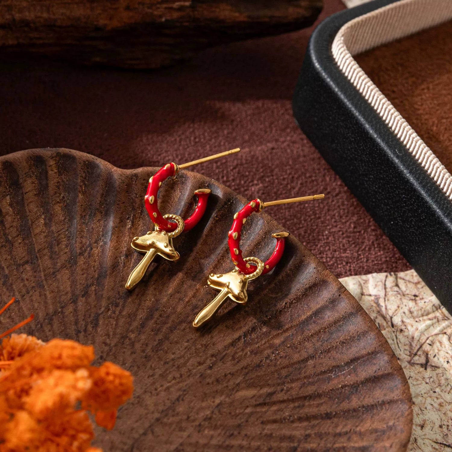 Red Enamel Mushroom Hoop Drops JLT13493