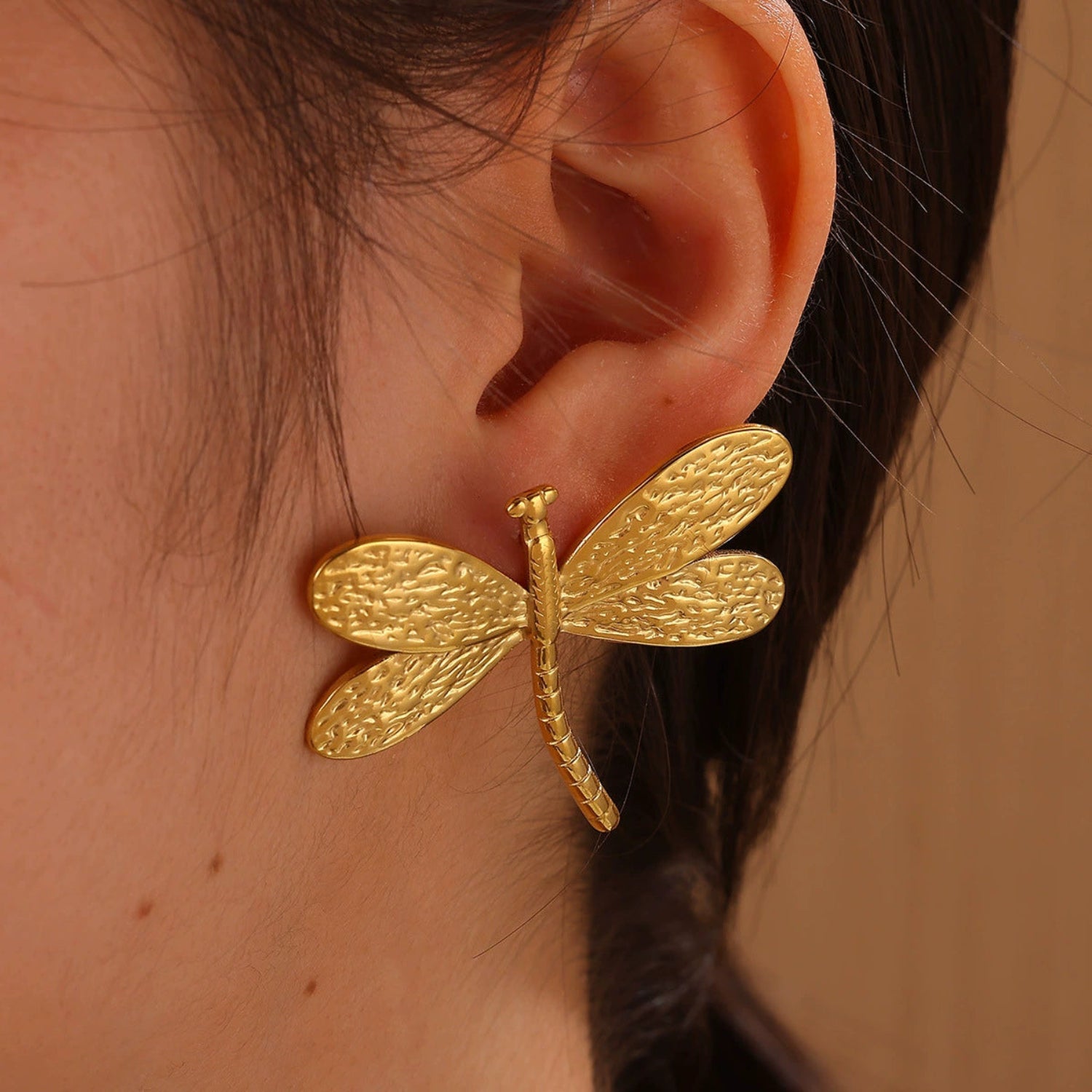 Gold Textured Dragonfly Stud Earrings JLT13611