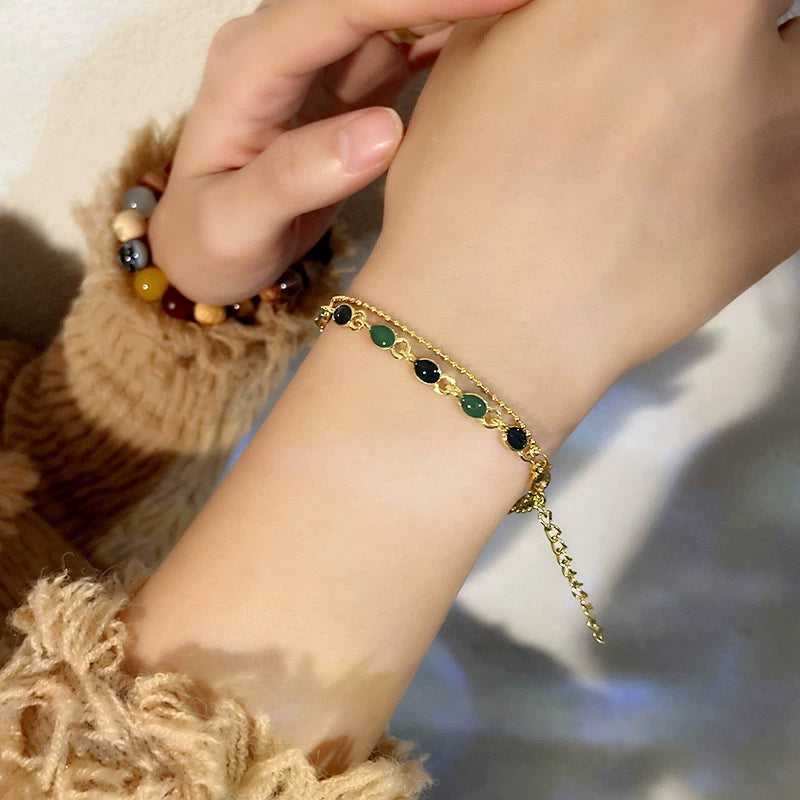 Just Lil Things Artificial Emerald & Grey Dual-Layer| Minimal Elegant Bracelets jltb0260