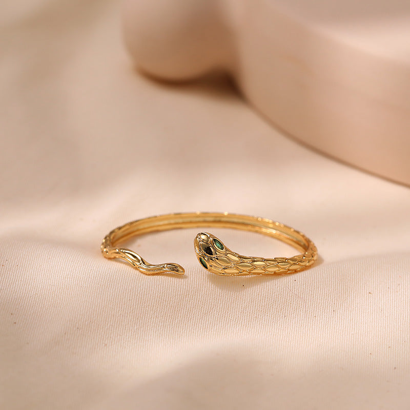 Just lil things Gold Snake Cuff Bracelet with Emerald Eye Detailing – Adjustable Statement Bangle JLTPB0436