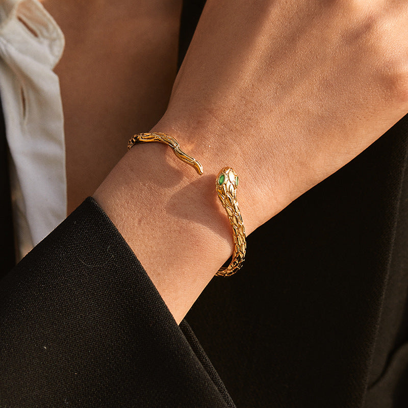 Just lil things Gold Snake Cuff Bracelet with Emerald Eye Detailing – Adjustable Statement Bangle JLTPB0436