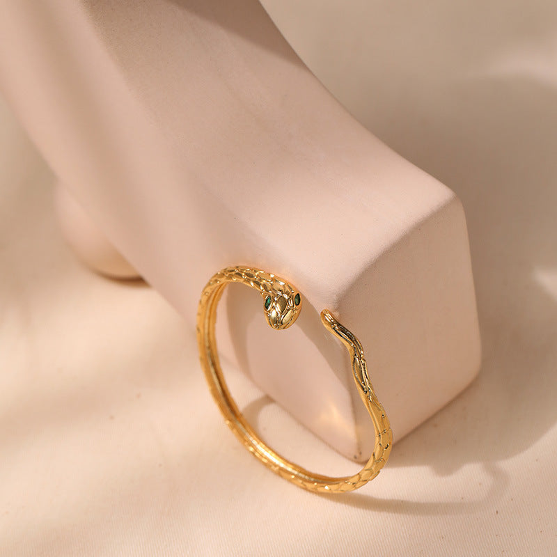 Just lil things Gold Snake Cuff Bracelet with Emerald Eye Detailing – Adjustable Statement Bangle JLTPB0436