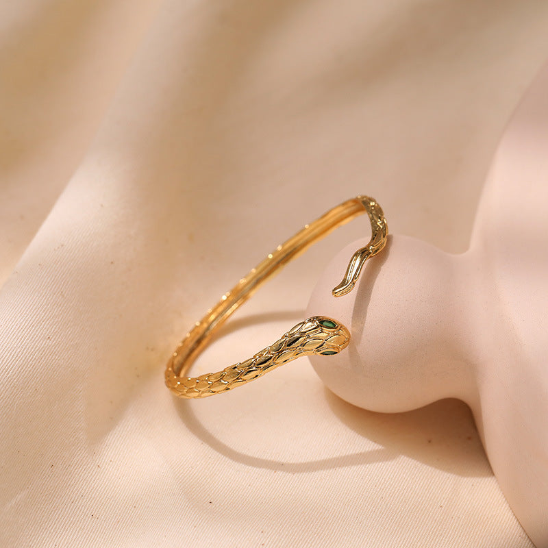 Just lil things Gold Snake Cuff Bracelet with Emerald Eye Detailing – Adjustable Statement Bangle JLTPB0436