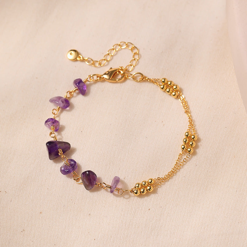 Just lil things Amethyst Gemstone Beaded with Dual Gold Tone Chains – Adjustable Minimalist Design Bracelets jltb0438