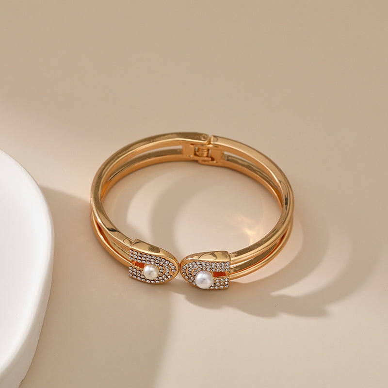 just-lil-things-Elegant Gold-Tone Double Band Bracelet with Pearl & Crystal Accents