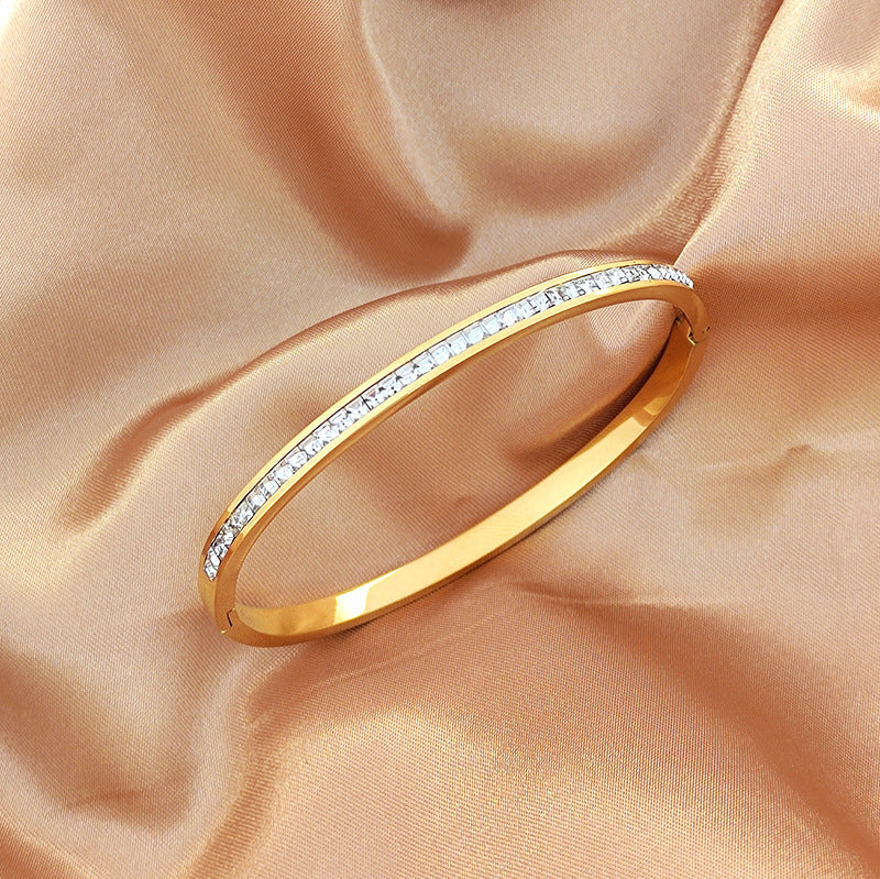 Just lil things-Crystal Inlay Sleek Gold-Tone Bangle – Minimal Elegance for Everyday Wear-Bracelets