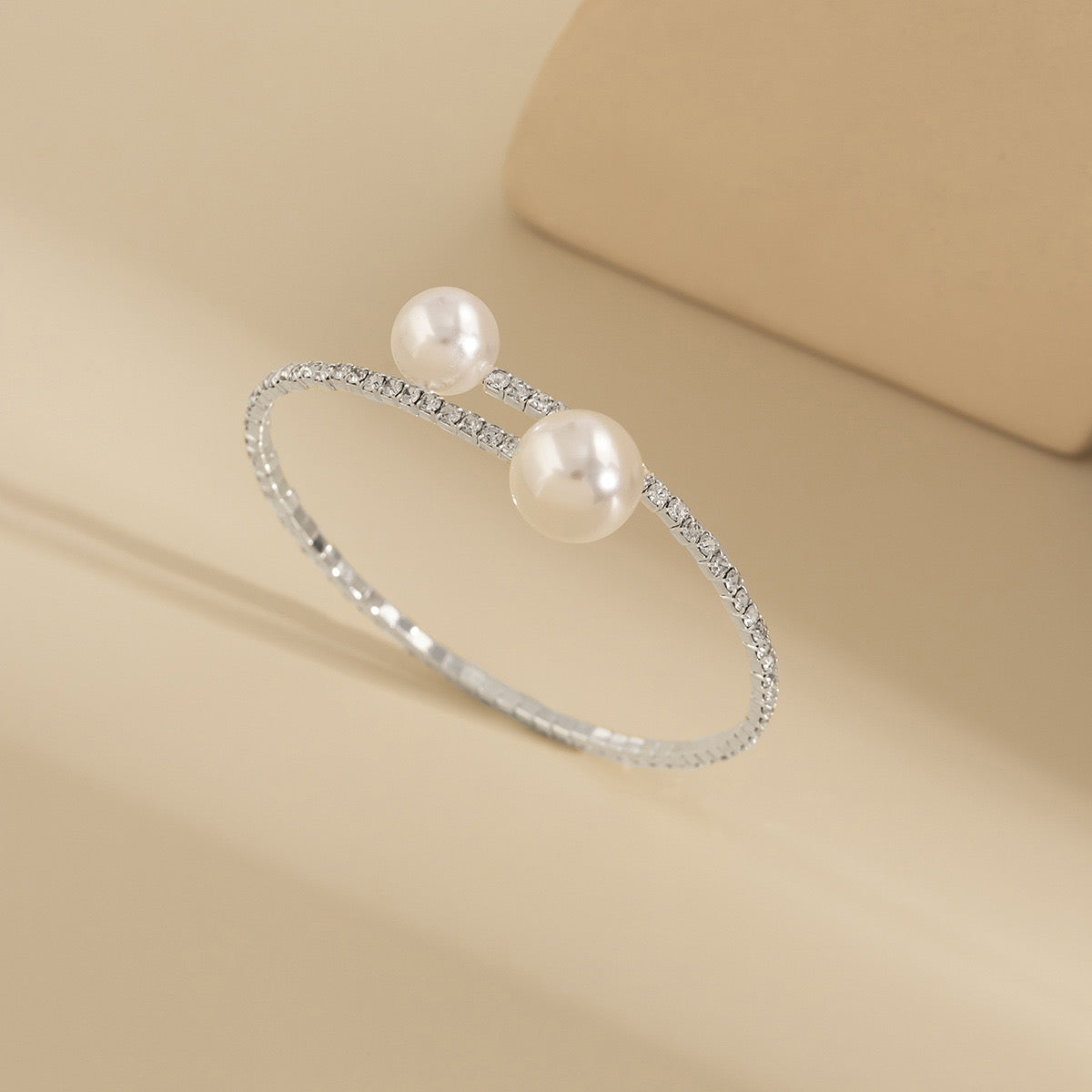just-lil-things-Elegant Double Pearl Open Bangle – Silver-Tone Adjustable Bracelet JLTB0461