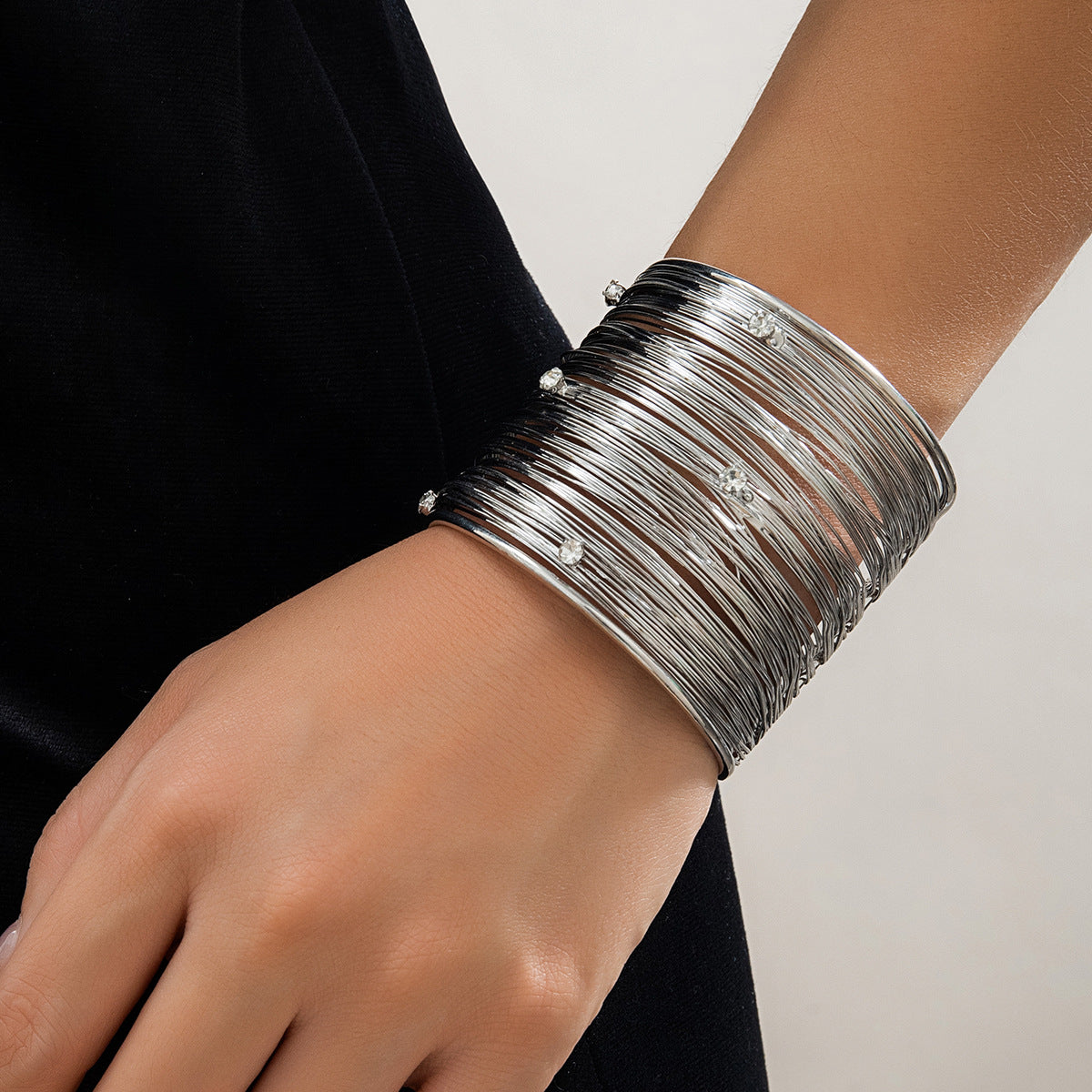 Justlilthings Shimmering Silver Wire Cuff with Crystals – Statement Jewelry Bracelets JLBT0462