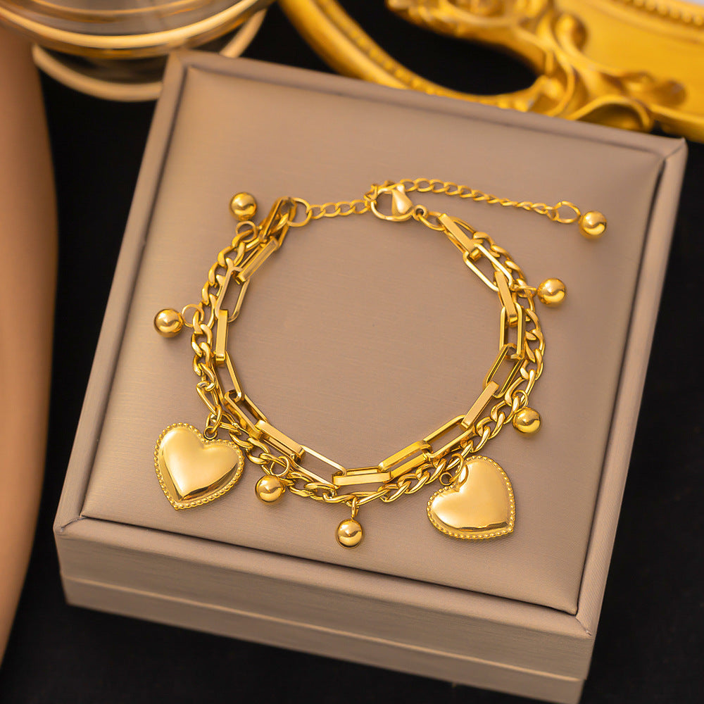 Just Lil Things Artificial Golden Heart Charm Bracelet & Link Chain Duo – Elegant Layered Set Bracelets