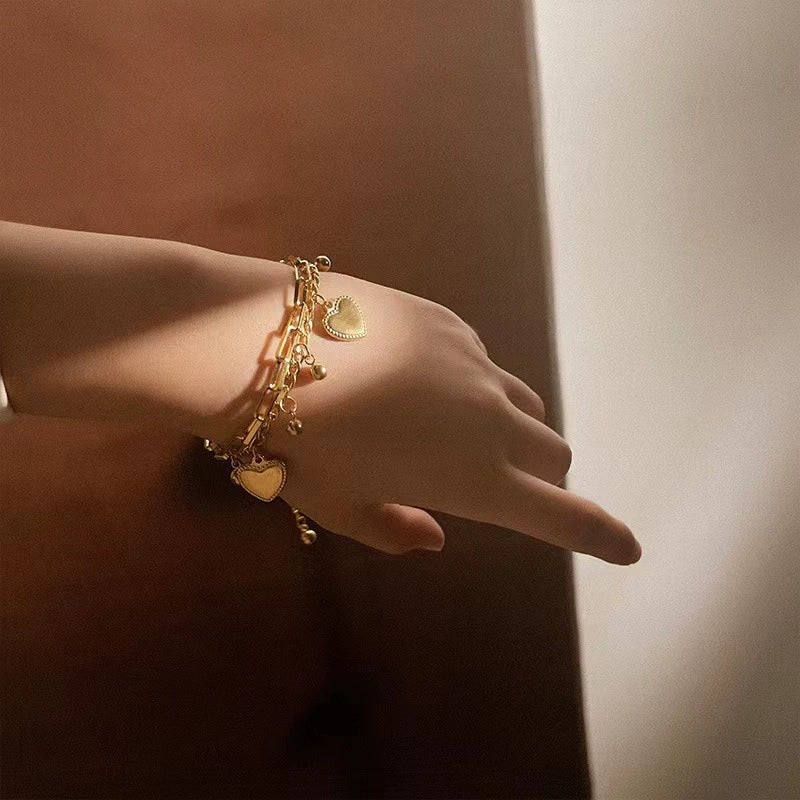 Just Lil Things Artificial Golden Heart Charm Bracelet & Link Chain Duo – Elegant Layered Set Bracelets
