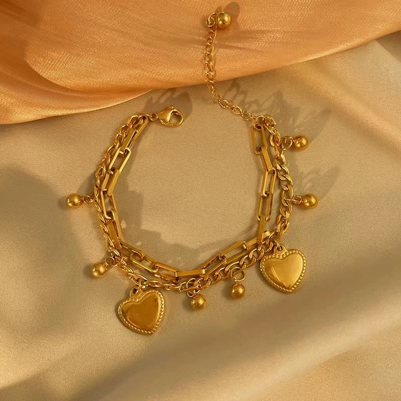 Just Lil Things Artificial Golden Heart Charm Bracelet & Link Chain Duo – Elegant Layered Set Bracelets