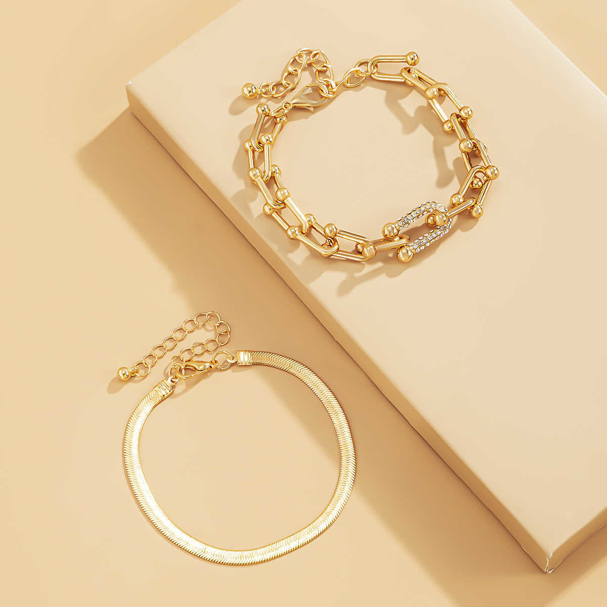 Just Lil Things Artificial Golden/Silver Link & Sleek Chain Bracelet Set with Crystal Accents – Modern Minimal Elegance