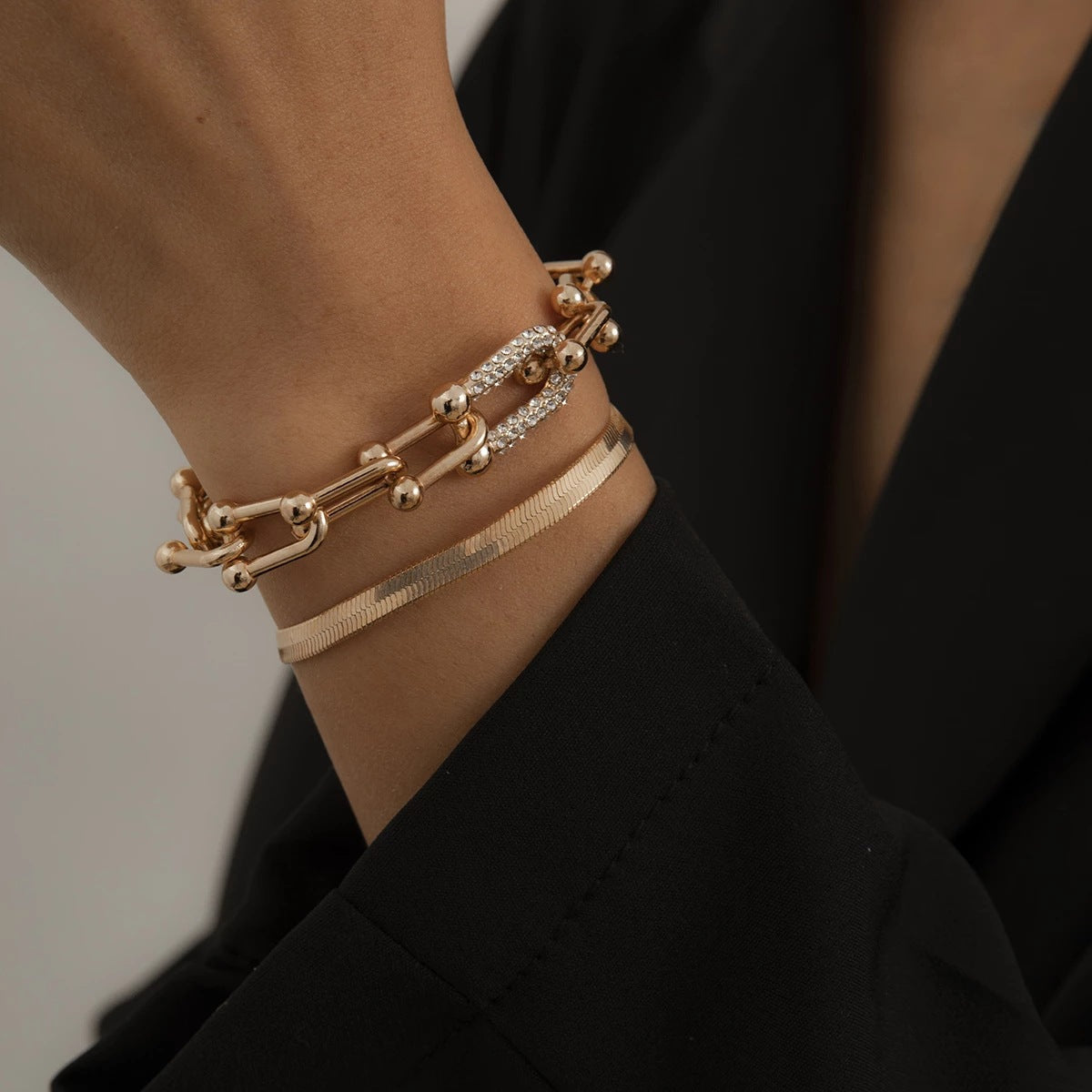 Just Lil Things Artificial Golden/Silver Link & Sleek Chain Bracelet Set with Crystal Accents – Modern Minimal Elegance