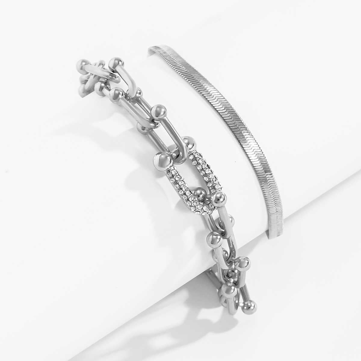 Just Lil Things Artificial Golden/Silver Link & Sleek Chain Bracelet Set with Crystal Accents – Modern Minimal Elegance