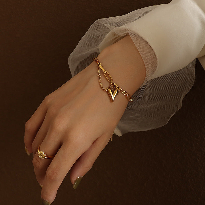 Justlilthings Golden V-Heart Charm Chain Bracelet – Delicate Minimalist Accessory JLTB0480