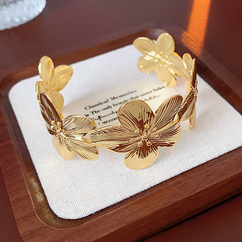 Just Lil Things Artificial Statement Floral Cuff Bracelet – Textured Gold Tone Bloom Design jltb0508