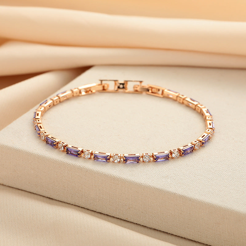 JustLilThings Artificial Elegant Rose Gold Tennis Bracelet with Purple and White Crystals Accents - jltb0515