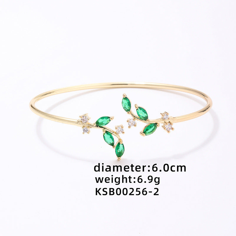 Just Lil Things Arificial Nature-Inspired Open Cuff Bracelet with Green Gem Leaves Bracelet jltb0516