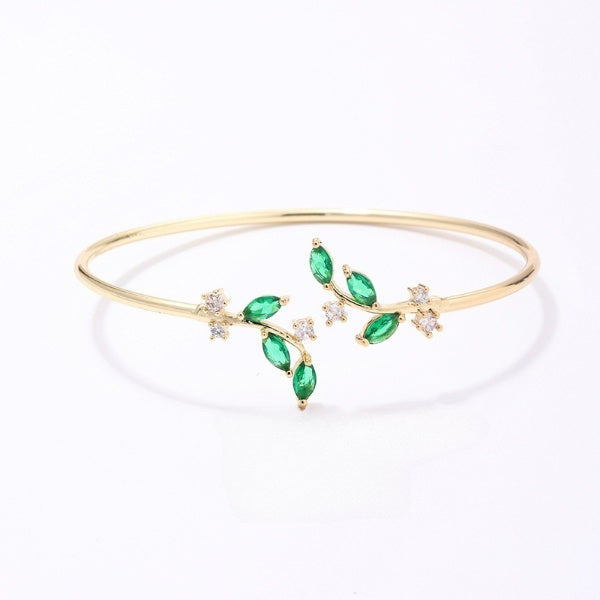 Just Lil Things Arificial Nature-Inspired Open Cuff Bracelet with Green Gem Leaves Bracelet jltb0516