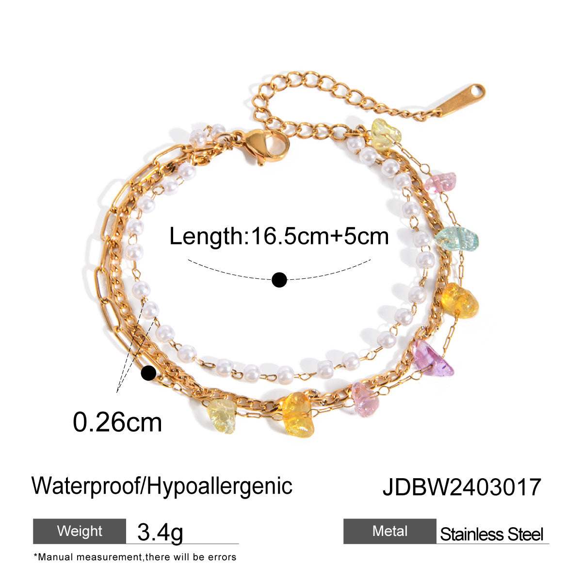 Just Lil Things Artificial Pastel Toned Charm Layered Bracelet – Gold Chain with Pearls & Colorful Gem Accents Bracelet jltb0530