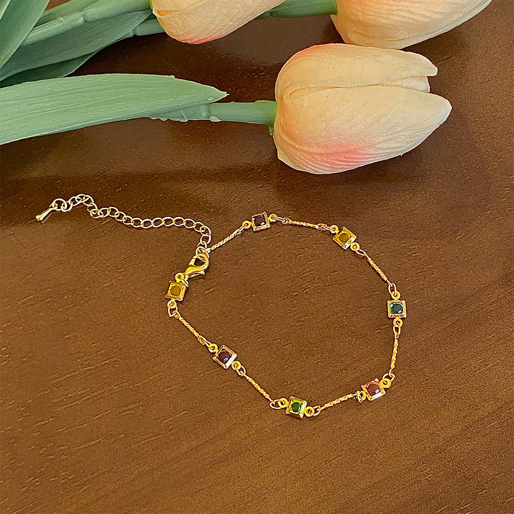 Fashionable Crystal Minimal Gold-Toned Square Charm Design Multicolor Bracelet jltb0533