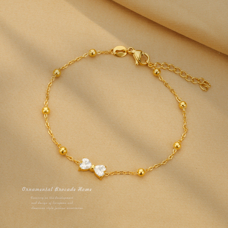 Adjustable Zircon White Bow Golden Bracelet – Dainty Beaded Chain Design Bracelet jltb0535