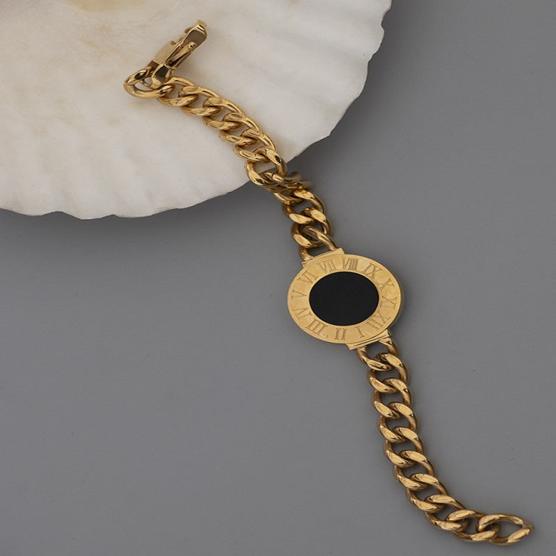 Roman Dial Black Enamel Bracelet – Chunky Gold-tone Chain Design Bracelet JLTB0539
