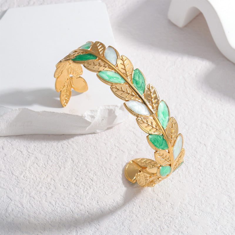 Gold Leaf Enamel Cuff Bracelet – Nature Inspired Adjustable Design JLTB0553