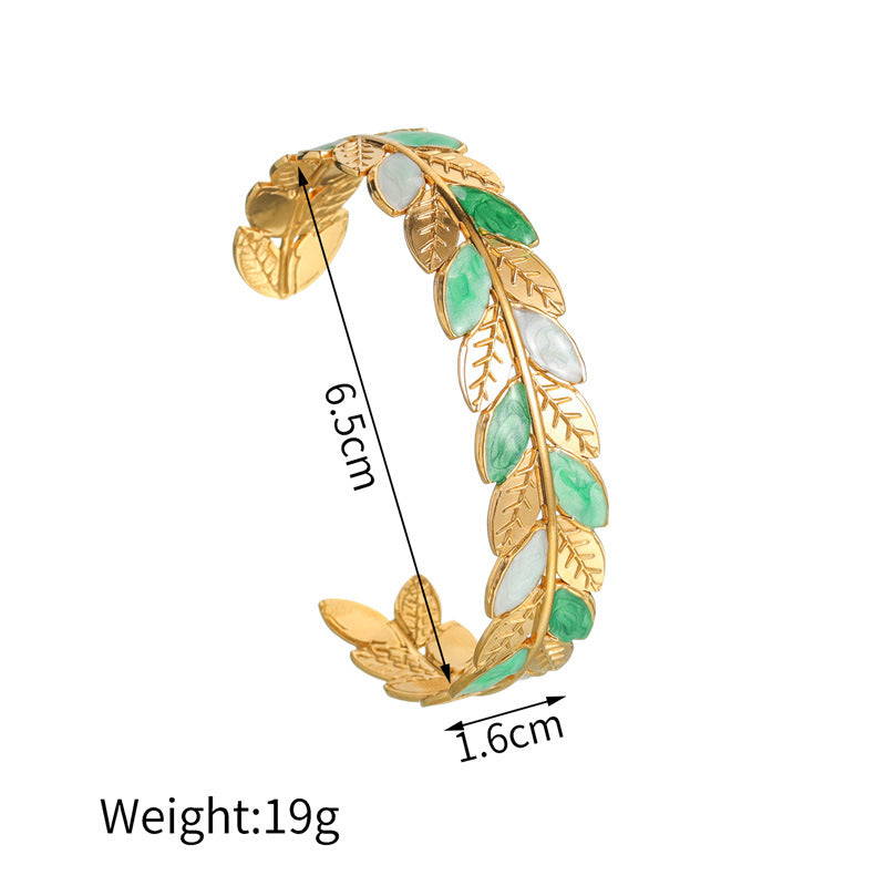 Gold Leaf Enamel Cuff Bracelet – Nature Inspired Adjustable Design JLTB0553