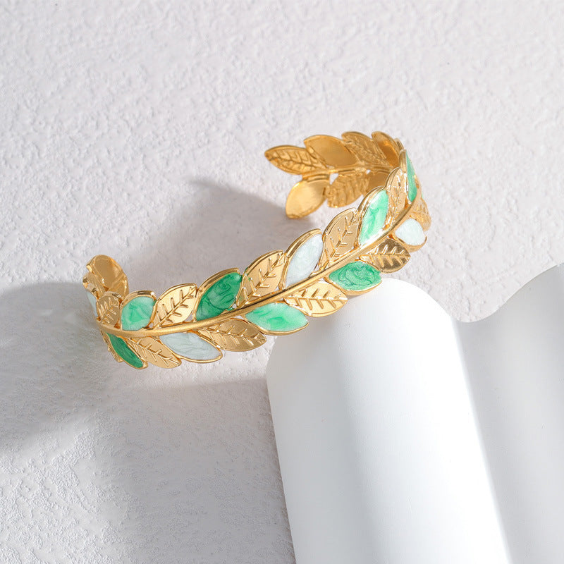 Gold Leaf Enamel Cuff Bracelet – Nature Inspired Adjustable Design JLTB0553