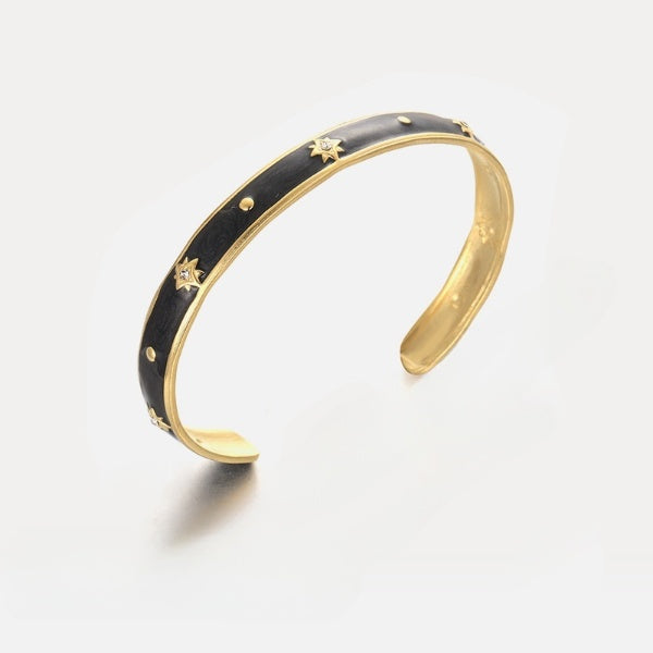 Starry Midnight Enamel Cuff Bracelet – Black Gold with Crystal Star