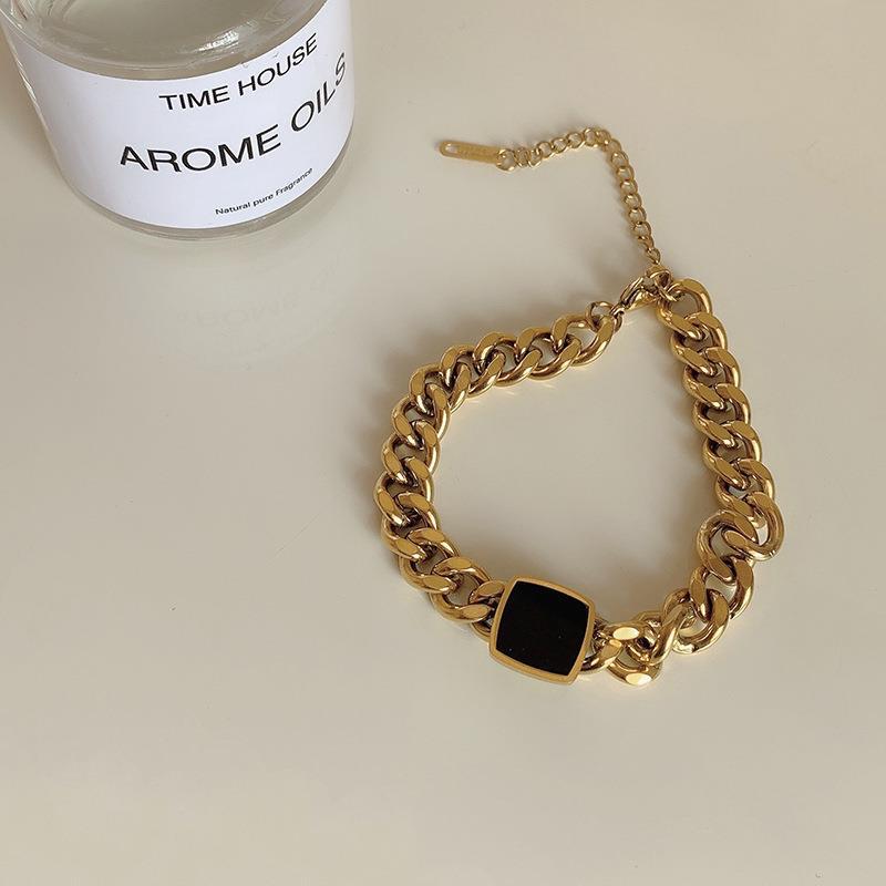 Black Enamel Rectangular Charm with Curb Chain Bracelet JLTB0637