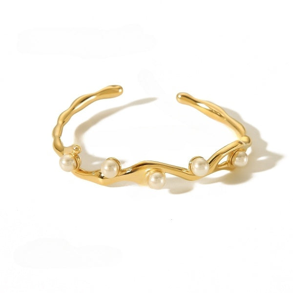 Asymmetrical Penta embedded Pearl Golden Wave Bracelet JLTB0645
