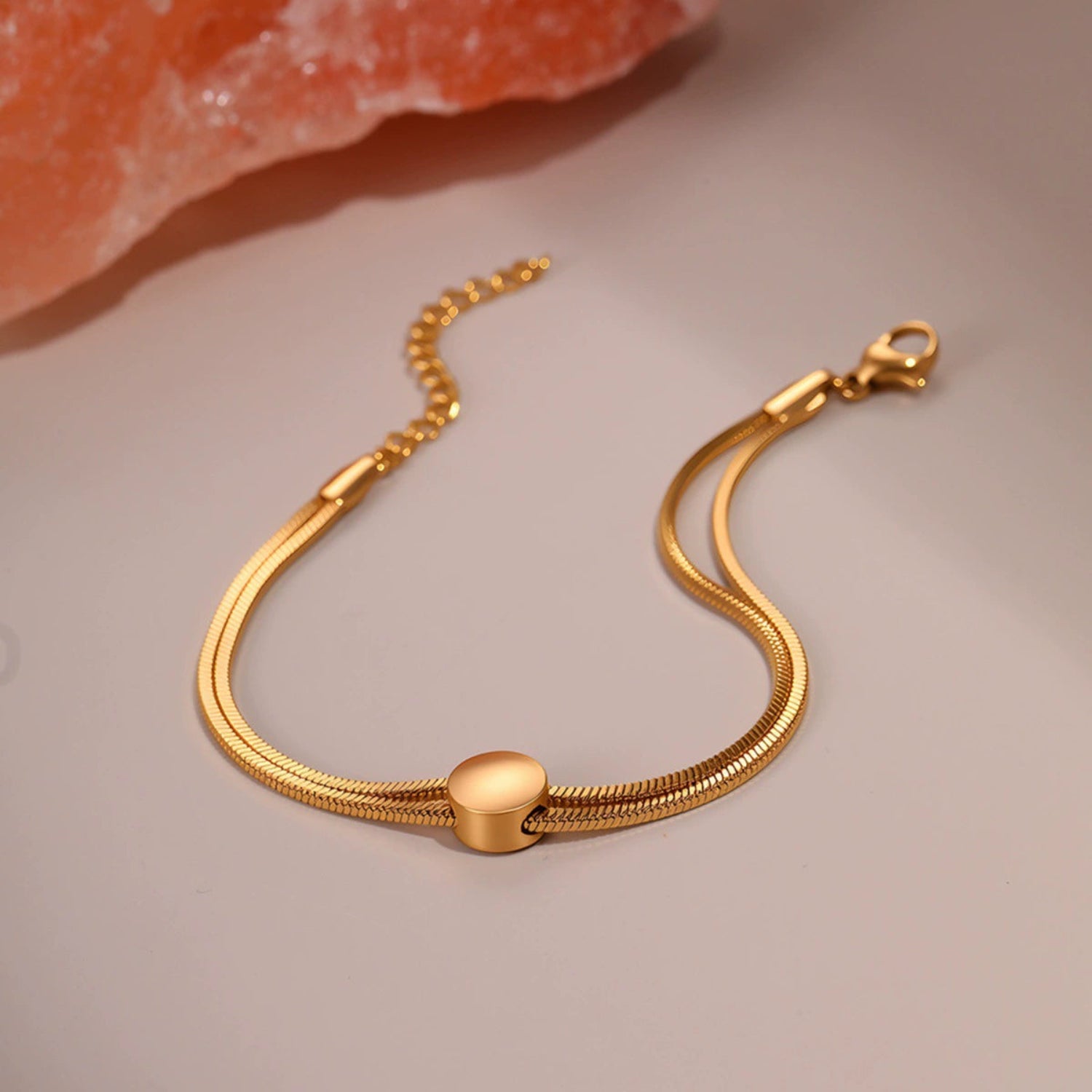 Dual Layer Gold Snake Chain Bracelet with Flat Disc Charm JLTB0994