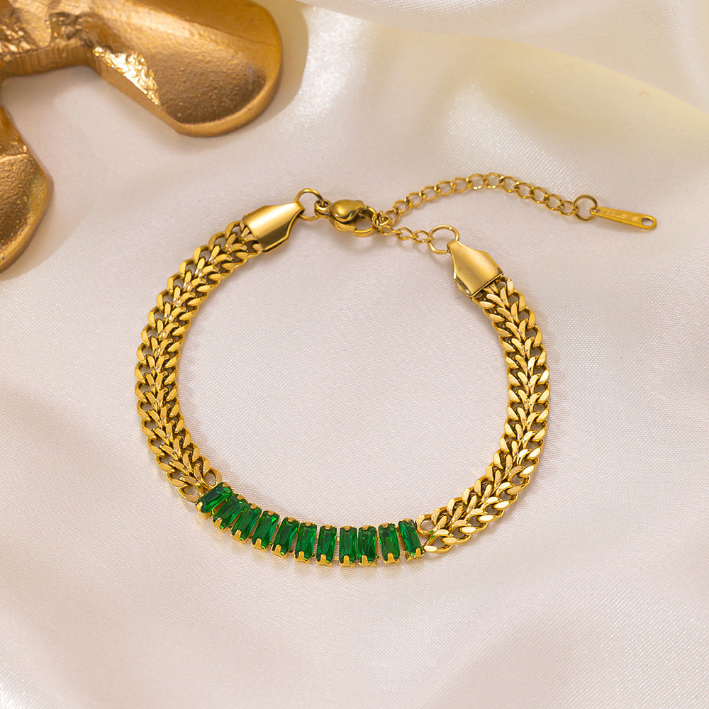 Double-layer braided chain baguette-cut green stones bracelet JLTB0678
