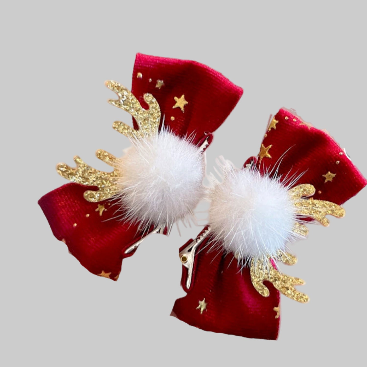 Just Lil Things Red Bow Reindeer Hair Clips – Glitter Antler & Furry Pom Festive Accessory jltc0115