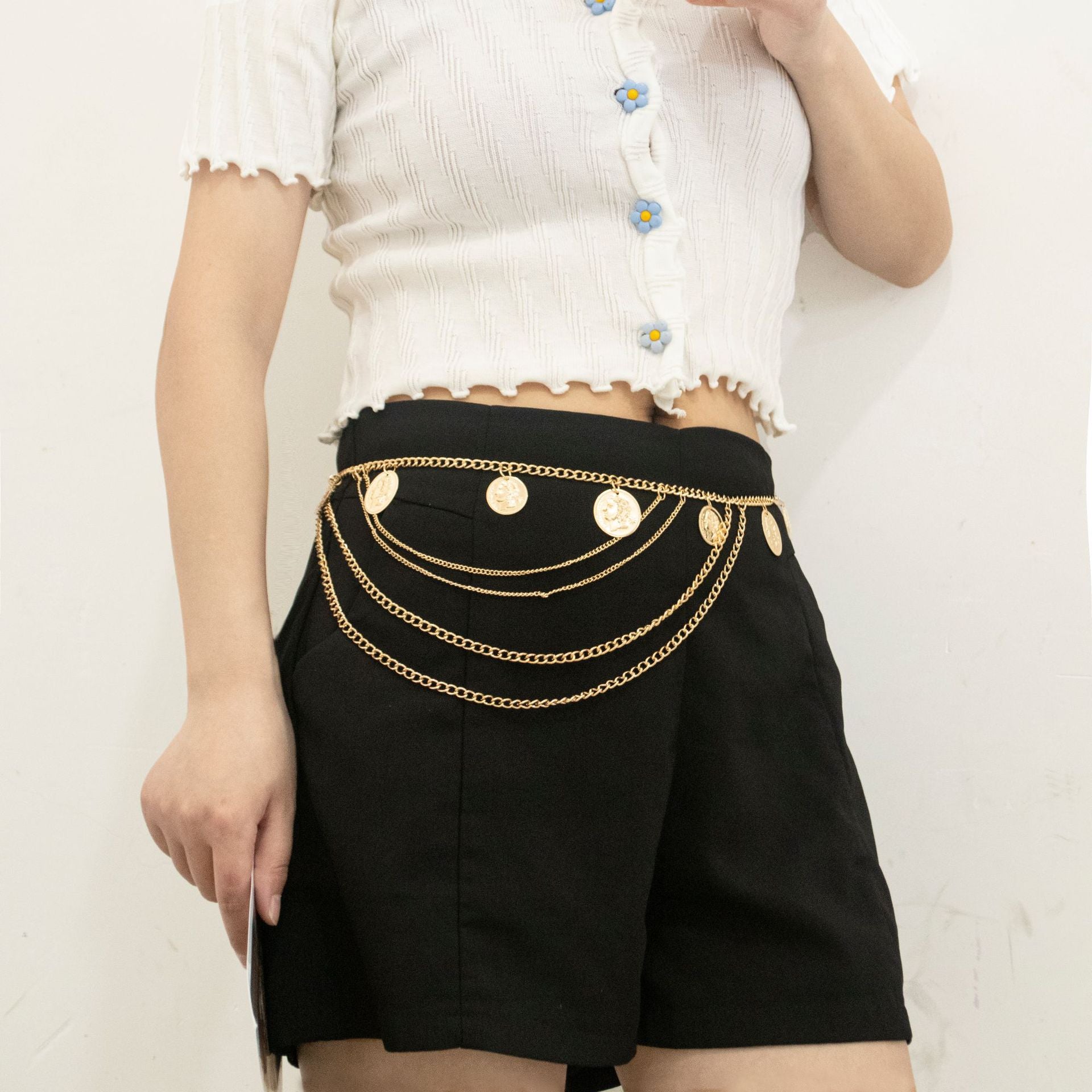 Vintage Gold Coin Layered Chain Belt jlthb0121