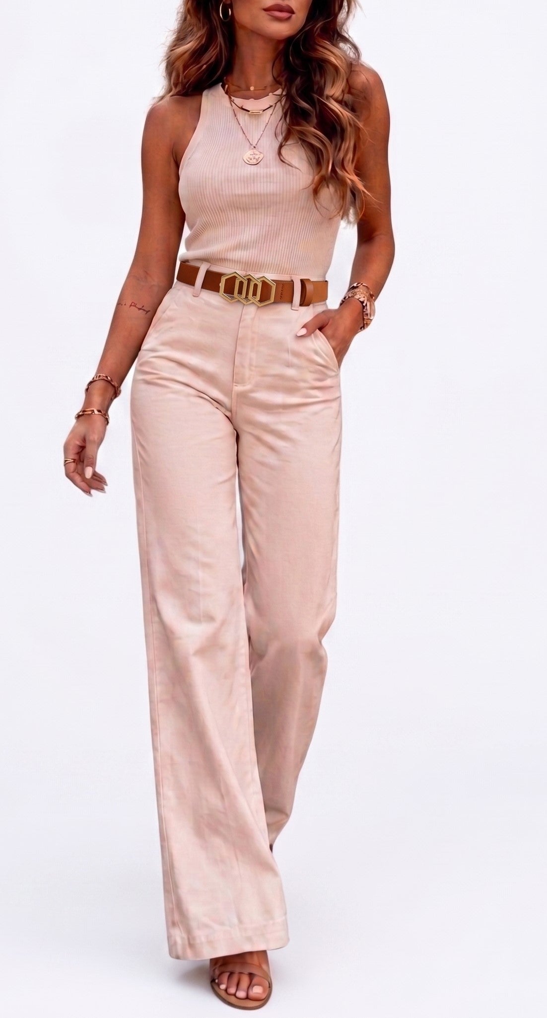 Triple Hexagon Buckle Cognac Belt JLTHB0298