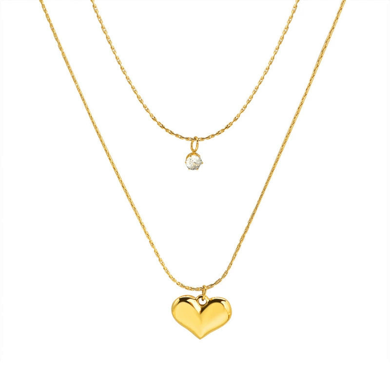 Gold-color Layered Necklace with Heart Pendant and Crystal Charm – Minimalist Double Chain Jewelry jltn0515