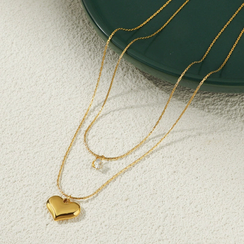 Gold-color Layered Necklace with Heart Pendant and Crystal Charm – Minimalist Double Chain Jewelry jltn0515