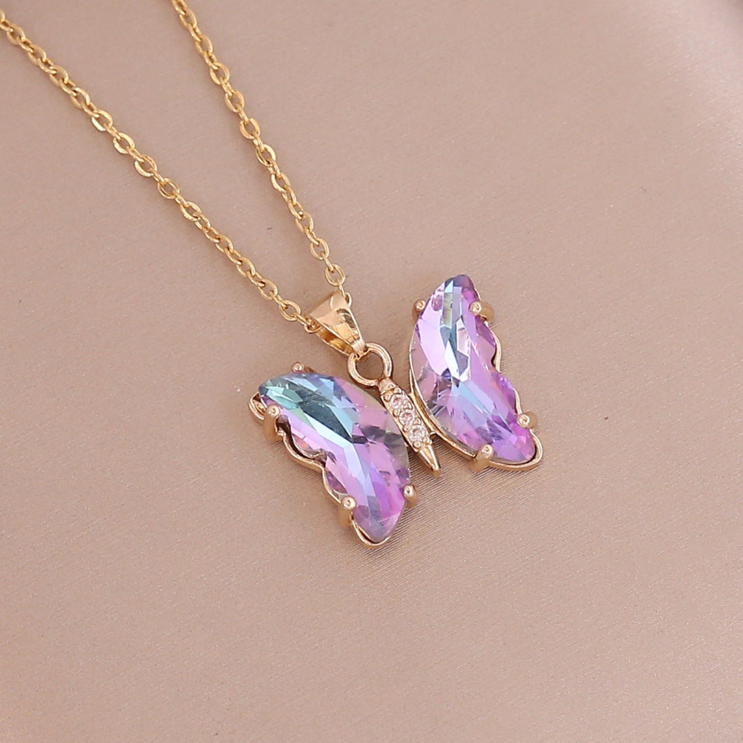 Butterfly Pendant Necklace with Iridescent Crystals – Elegant and Colorful Jewelry